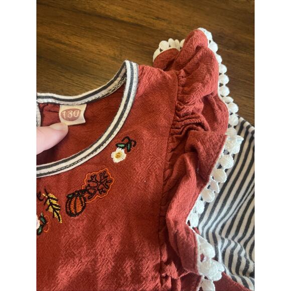 Girls Fall Dress Embroidered Faux Jumper Rust + Bl & Wh Sleeve, Cute Fit 4/5 - Picture 4 of 12